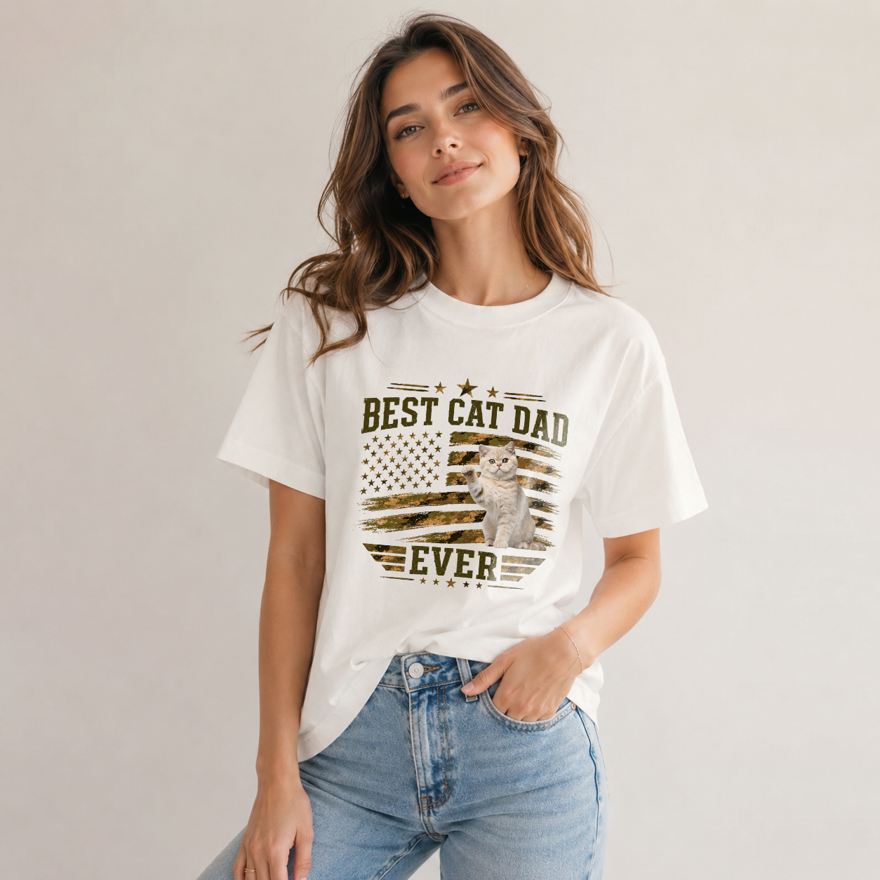 Personalized Classic Tee With Custom Photo Cat Art, Unique Gift For Dad & Cat Lovers