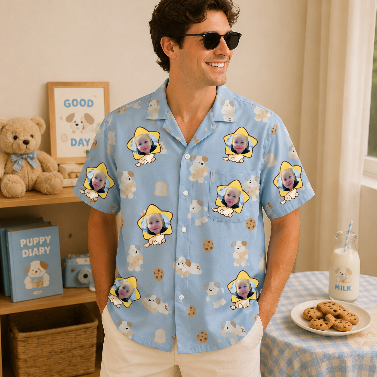 Personalized "Puppy & Cookie Blue" Aloha Shirt