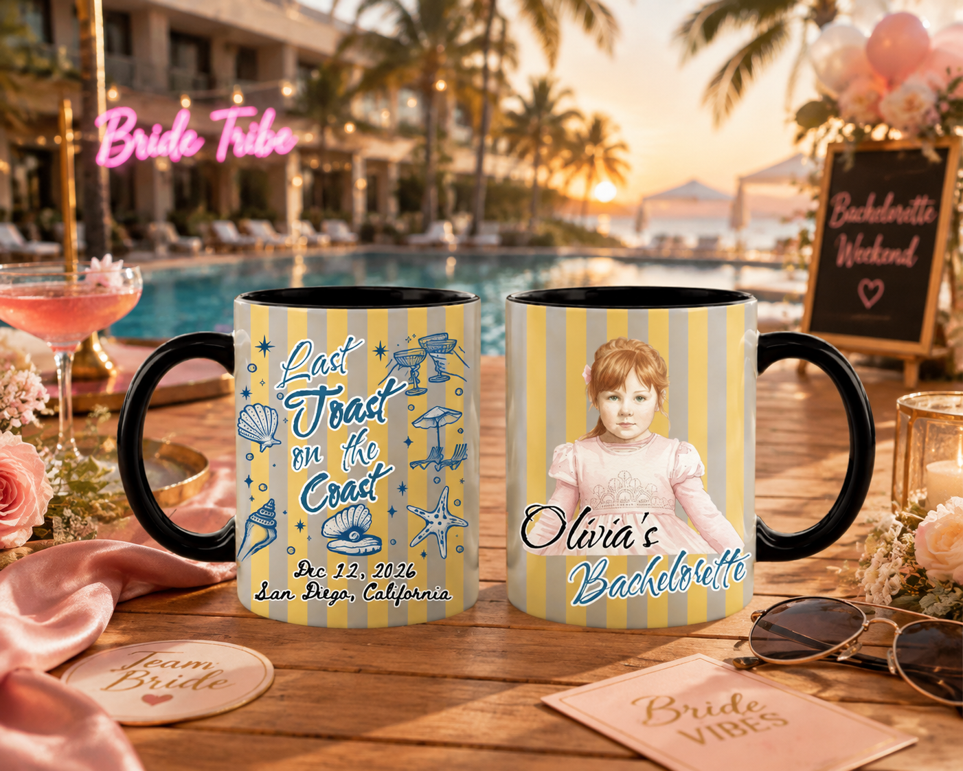Personalized Striped "Last Toast On The Coast" Ceramic Coffee Mug, Coastal Bachelorette Party & Bride Keepsake 11oz & 15oz