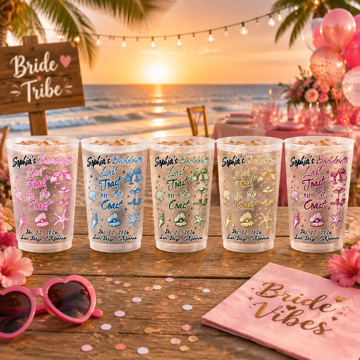 Custom Frosted Cups, Last Toast On The Coast Bachelorette Party Reusable Stadium Cups, Beach Bach Drinkware