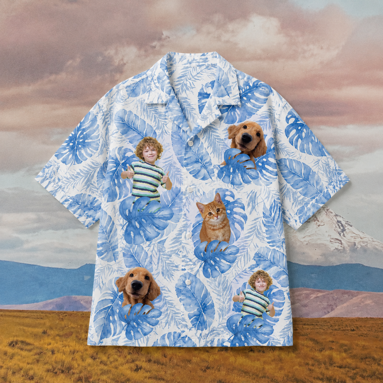 Blue Leaf Companions Hawaiian Shirt – Personalized Human & Pet Photo Aloha Shirt, Custom Family Vacation Outfit For Animal Lovers