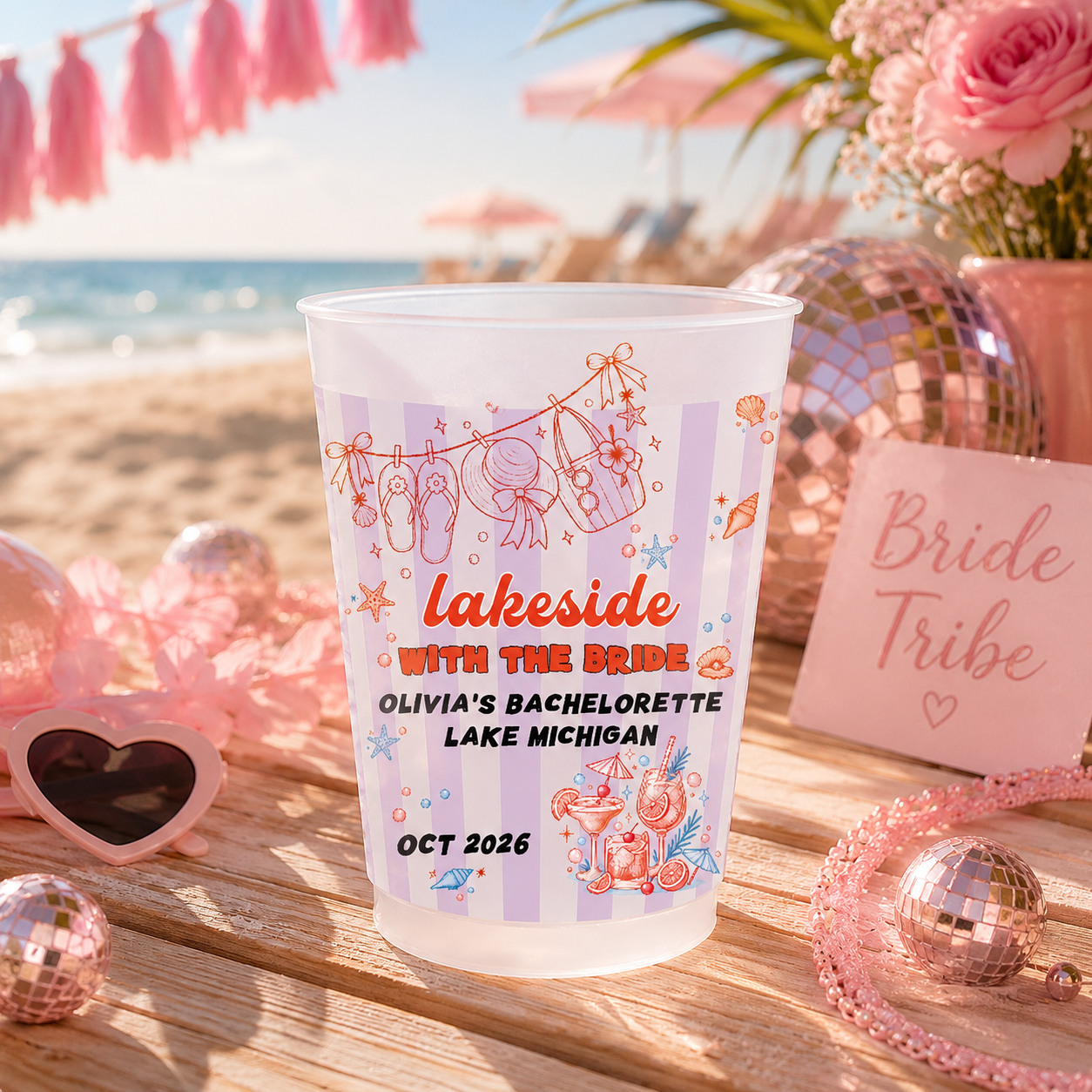 Custom Frosted Cups - Lakeside With The Bride Reusable Stadium Cups, Lake Bachelorette Party Drinkware