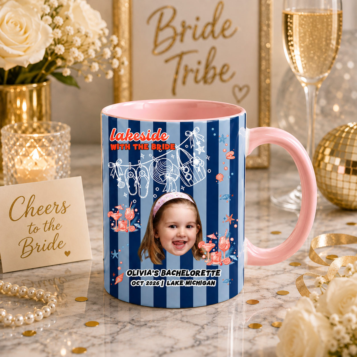 Custom Striped Face Coffee Mug 11oz & 15oz Lakeside With The Bride Personalized Bachelorette Ceramic Mug & Lake Bach Drinkware