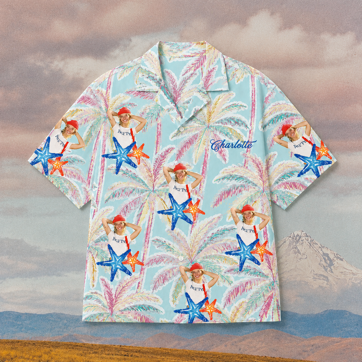 Custom Photo And Name Hawaiian Shirt, Personalized Starfish Palm Aloha Shirt, Family Friends Beach Trip Shirt, Coastal Vacation Gift, Custom Portrait Button Up