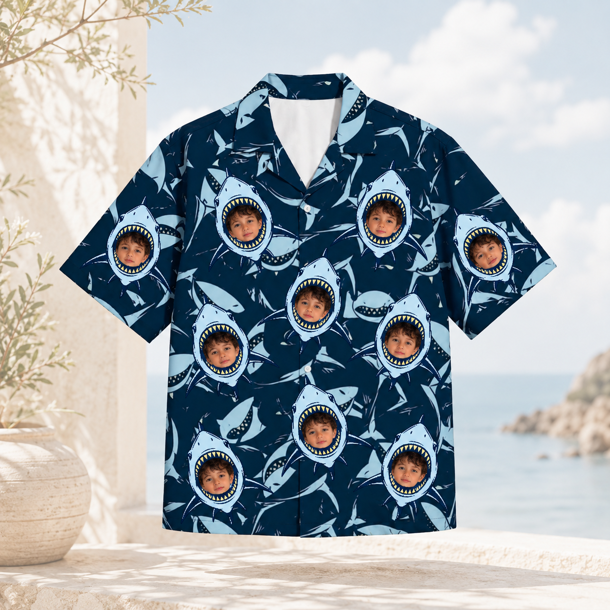 Personalized Custom Face Hawaiian Shirt Shark Ocean Tropical Beach Vacation Gift