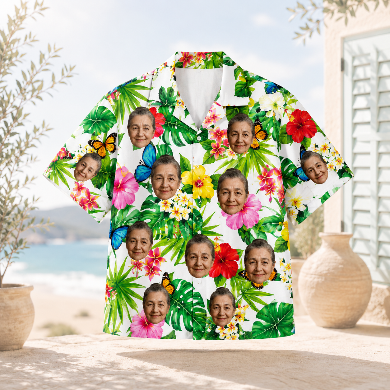Personalized Custom Face Hawaiian Shirt Tropical Floral Butterfly Vacation Gift