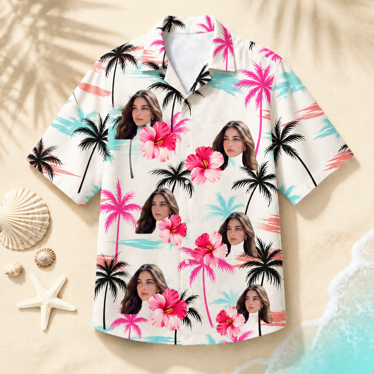 Pink Hibiscus Palm Tree Hawaiian Shirt - Personalized Photo Hawaiian Shirt, Custom Face Tropical Shirt