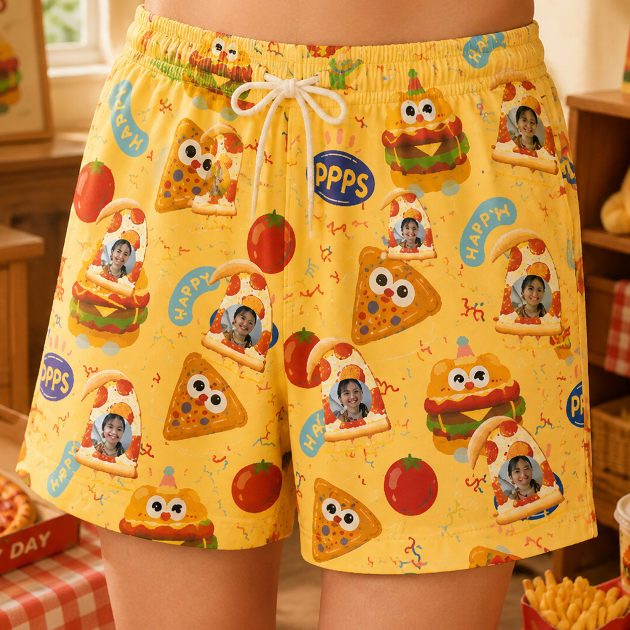 Personalized "Happy Fast Food Yellow" Swim Shorts