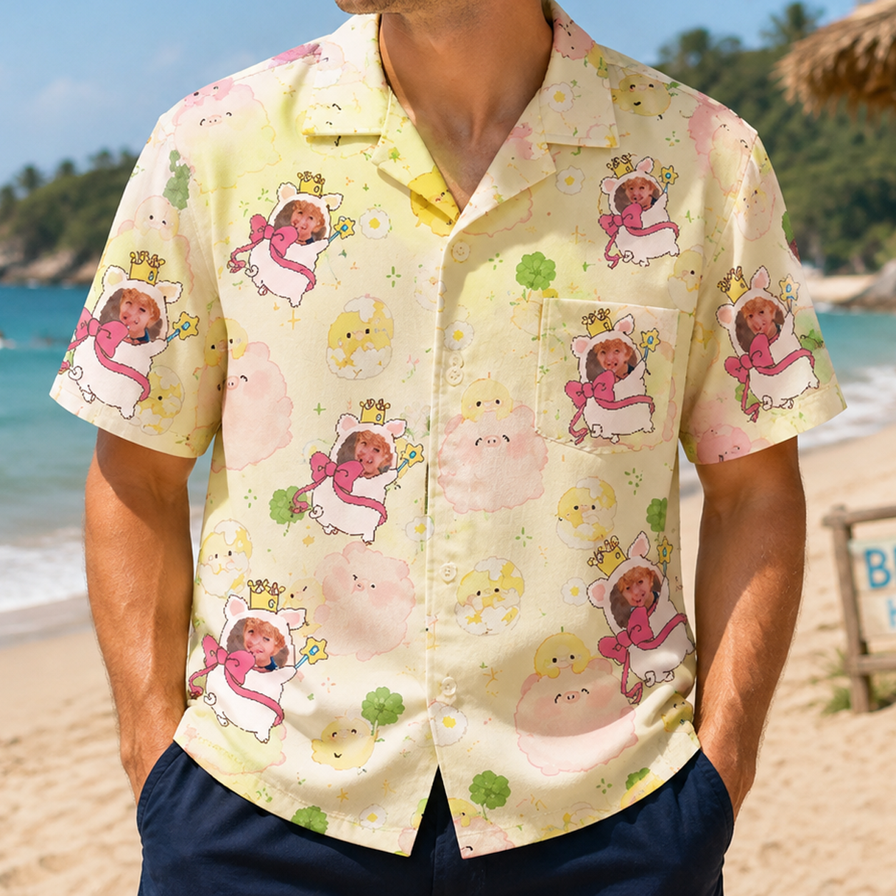 Personalized "Crown Piggy Cream" Aloha Shirt