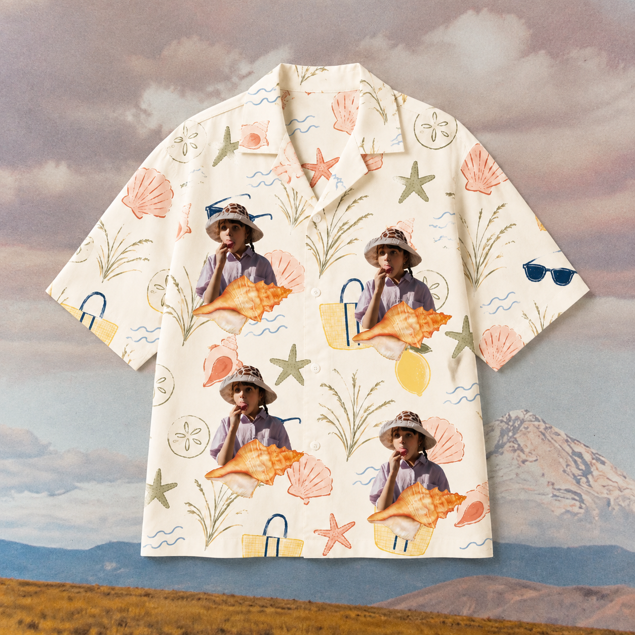 Custom Face Hawaiian Shirt, Personalized Seashell Photo Aloha Shirt, Coastal Beach Portrait Shirt, Family Friends Vacation Gift, Custom Summer Button Up