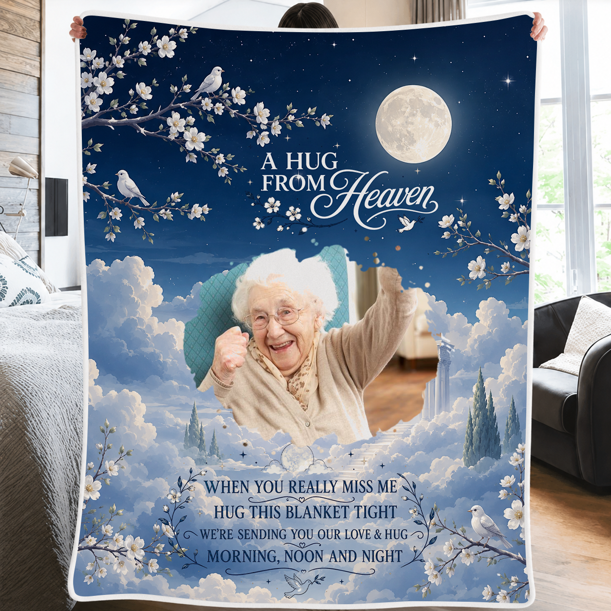 Custom Photo A Hug From Heaven | Memorial Sympathy Personalized Gift For Family Members, Grandpa, Dad | Blanket