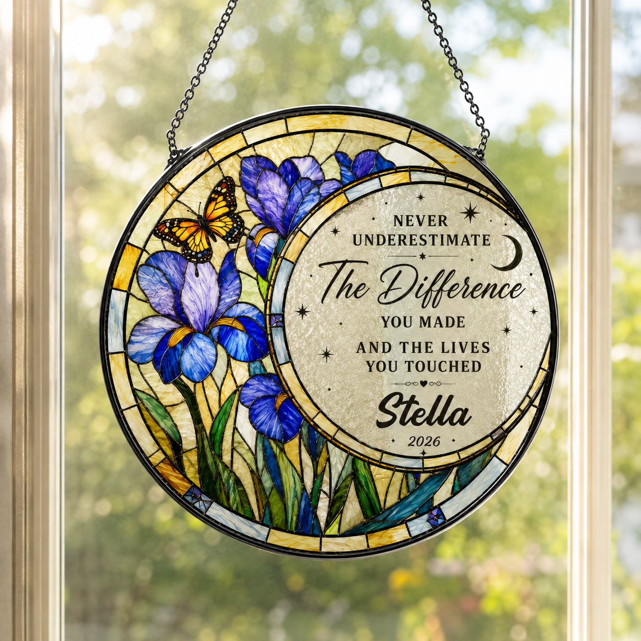 Never Underestimate The Difference You Made - Personalized Stained Glass Window Hanging Suncatcher - Retirement Gift For Colleagues, Mom, Dad, Grandparent