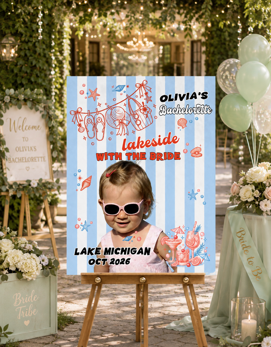Custom Welcome Board Sign, Lakeside With The Bride Striped Party Sign, Personalized Face Bachelorette Backdrop, Lake House Decor