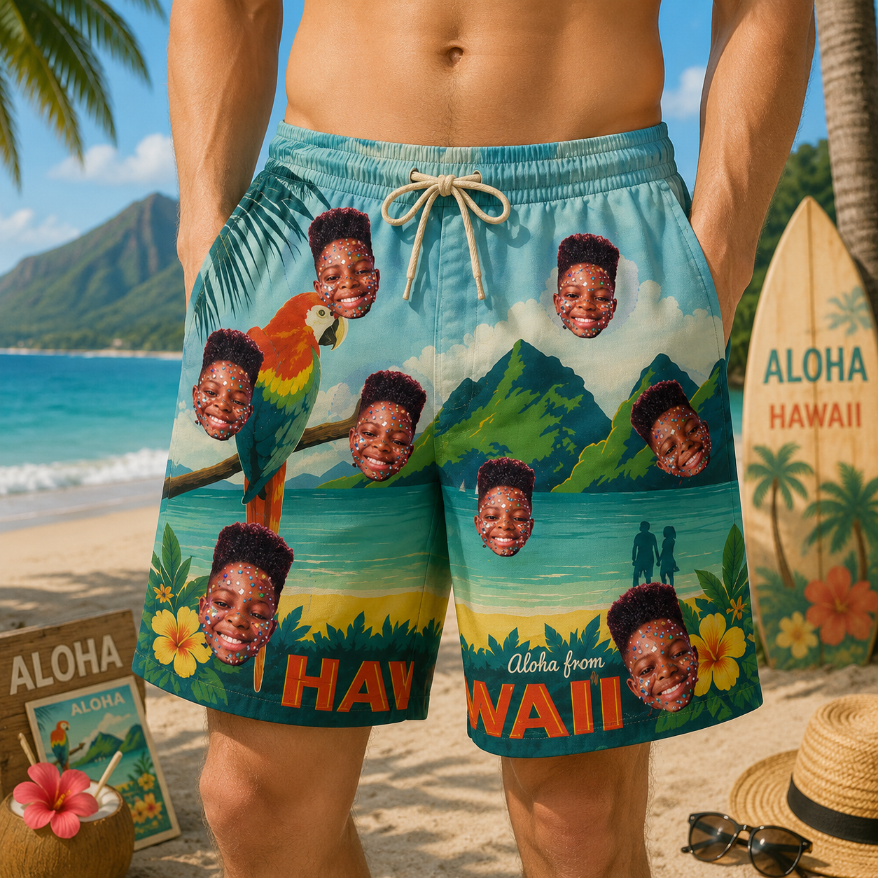 Personalized "Aloha From Hawaii Parrot" Swim Shorts