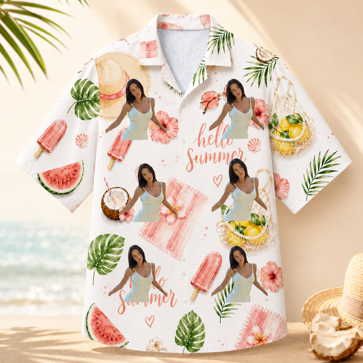 Hello Summer Beach Shirt -  Personalized Summer Hawaiian Shirt, Custom Photo Tropical Shirt