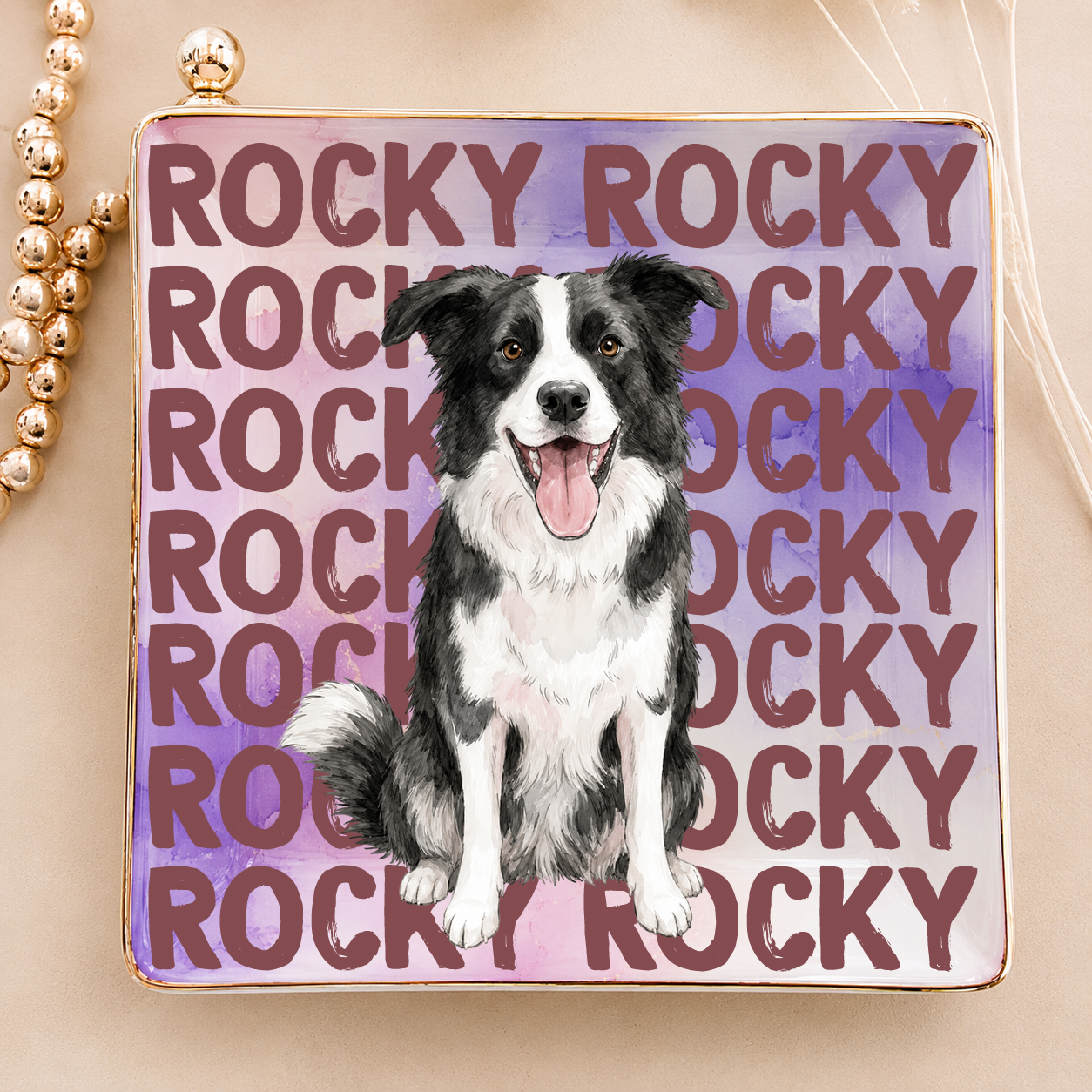 Custom Pet Portrait & Name Watercolor Style - Personalized Jewelry Dish