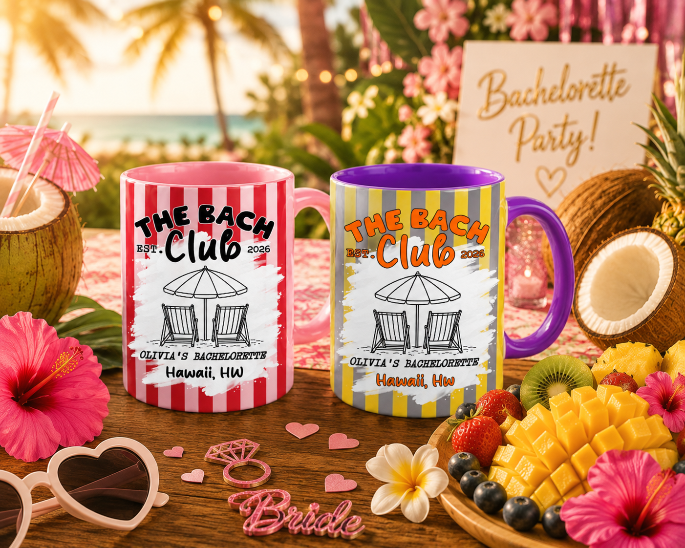 The Bach Club Striped Personalized Ceramic Mug 11oz & 15oz, Beach Bachelorette Party Favor