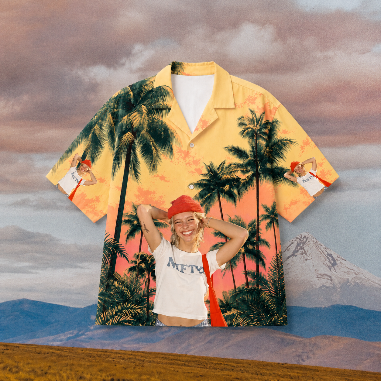 Custom Full Photo Hawaiian Shirt, Personalized Sunset Palm Aloha Shirt, Tropical Portrait Shirt, Family Friends Vacation Gift, Custom Beach Button Up