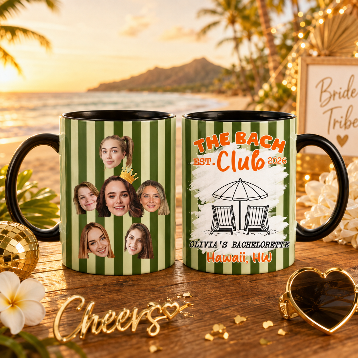 The Bach Club Striped Custom Face Personalized Ceramic Mug Set 11oz 15oz, Beach Bachelorette Party Favor
