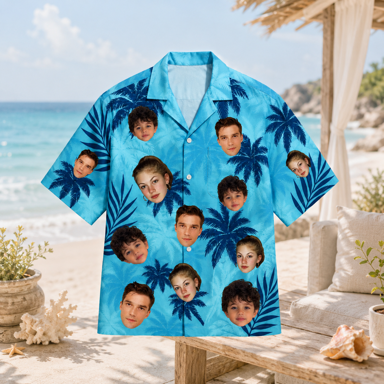 Personalized Custom Face Hawaiian Shirt Blue Palm Tree Tropical Beach Vacation Gift