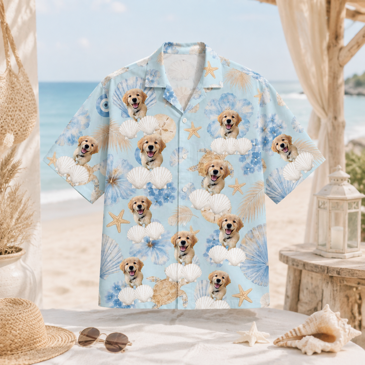 Personalized Custom Pet Hawaiian Shirt Seashell Ocean Tropical Beach Vacation Gift