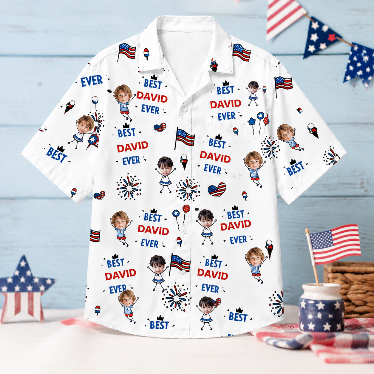 Best Dad Ever Personalized Hawaiian Shirt - Custom Children Faces And Dad Name