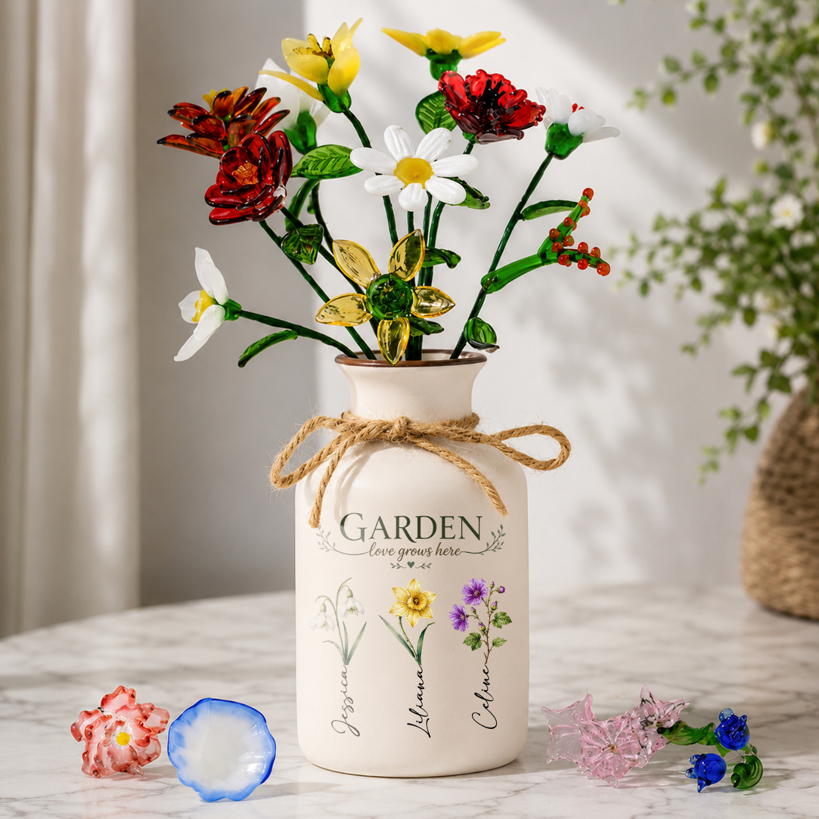 Grandma'S Garden - Personalized Vase With Glass Birth Month Flowers