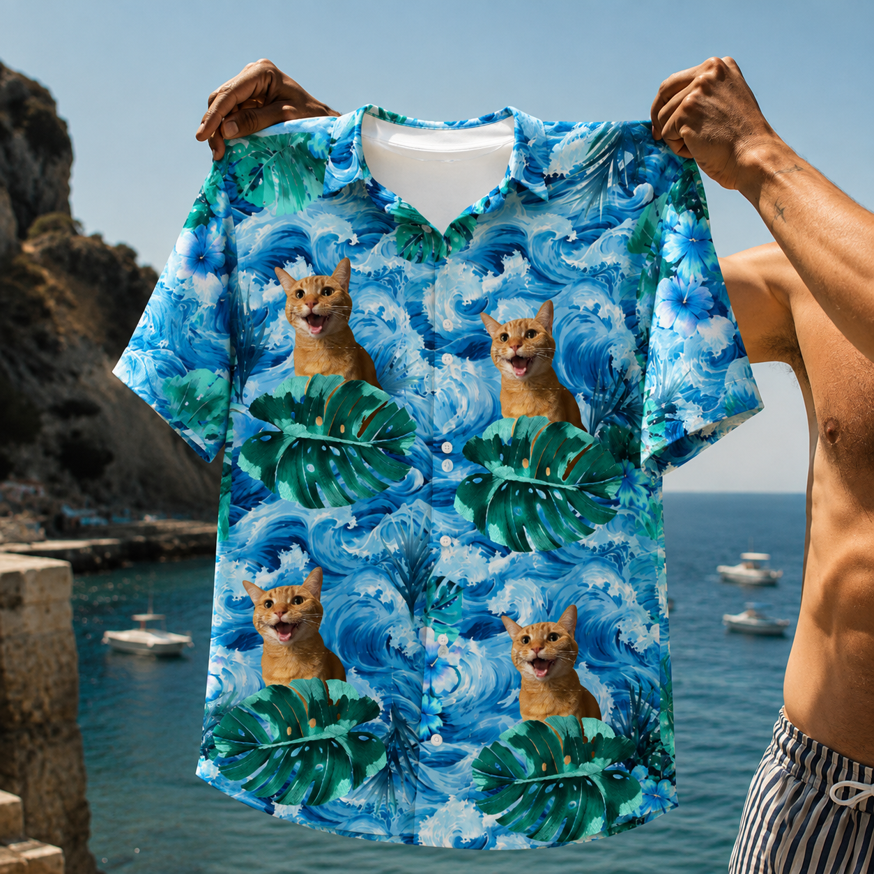 Custom Pet Photo Hawaiian Shirt, Personalized Dog Cat Ocean Shirt, Tropical Pet Portrait Aloha, Animal Lover Beach Gift, Vacation Button Up