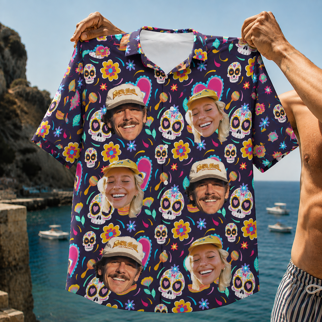 Custom Photo Hawaiian Shirt For Couples Family Friends, Personalized Sugar Skull Aloha Shirt, Matching Group Vacation Shirt, Fiesta Party Button Up