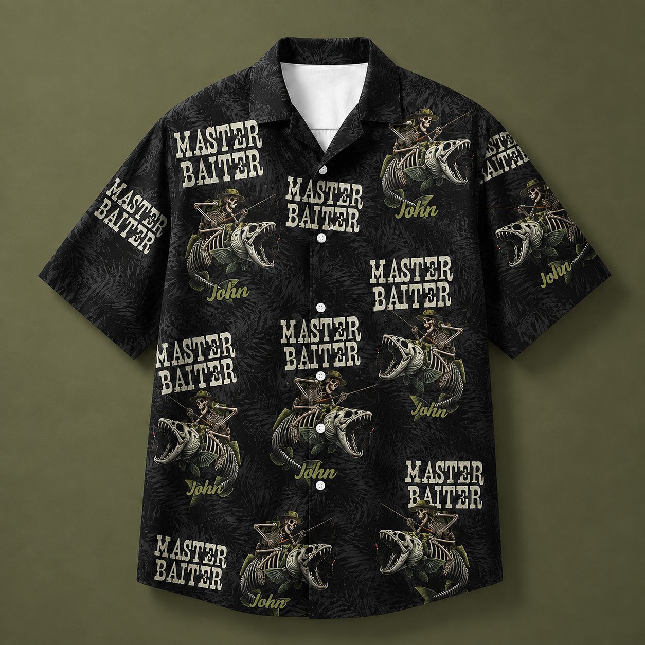 Master Baiter Skull Angler Tropical Button Up Shirt For Fishermen - Personalized Fishing Hawaiian Shirt With Custom Name