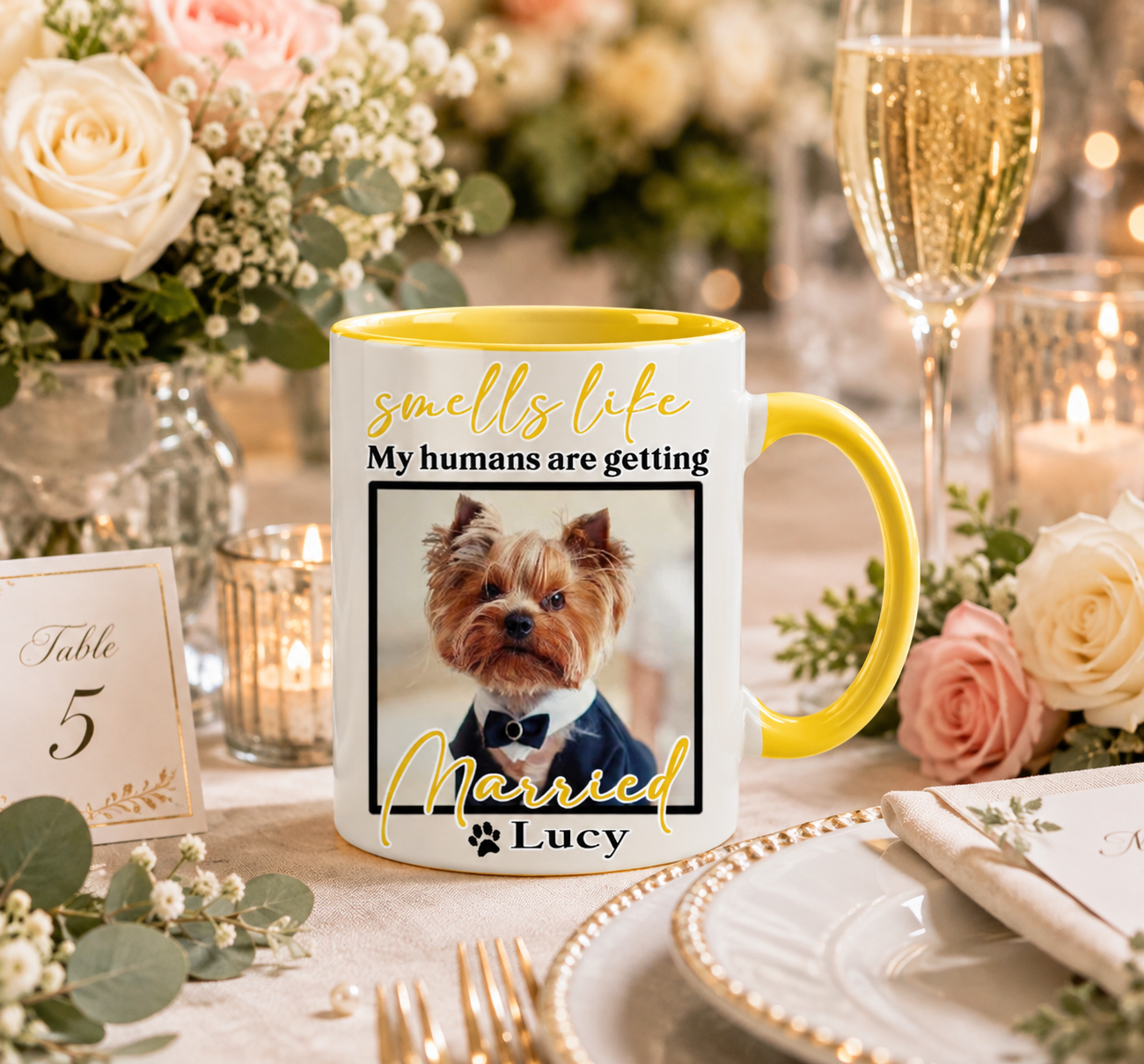 Personalized "Smells Like My Humans Are Getting Married" Ceramic Coffee Mug, Custom Pet Photo Engagement Gift 11oz 15oz