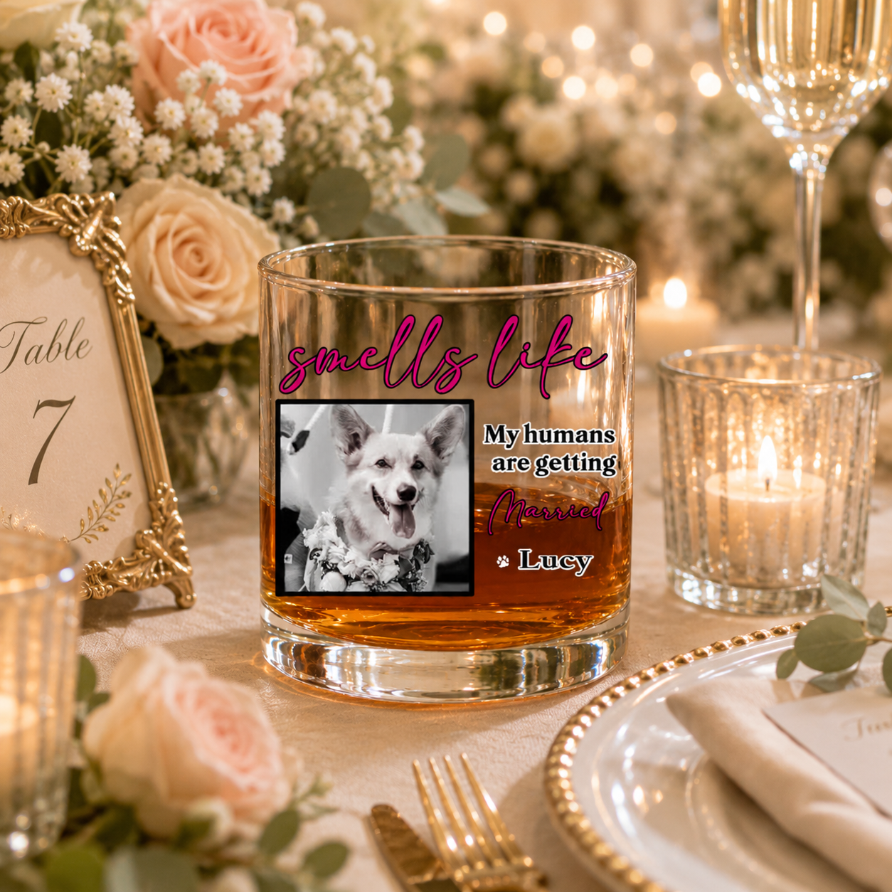 Personalized "Smells Like My Humans Are Getting Married" Whiskey Glass, Custom Pet Photo Engagement Gift Lowball Glass