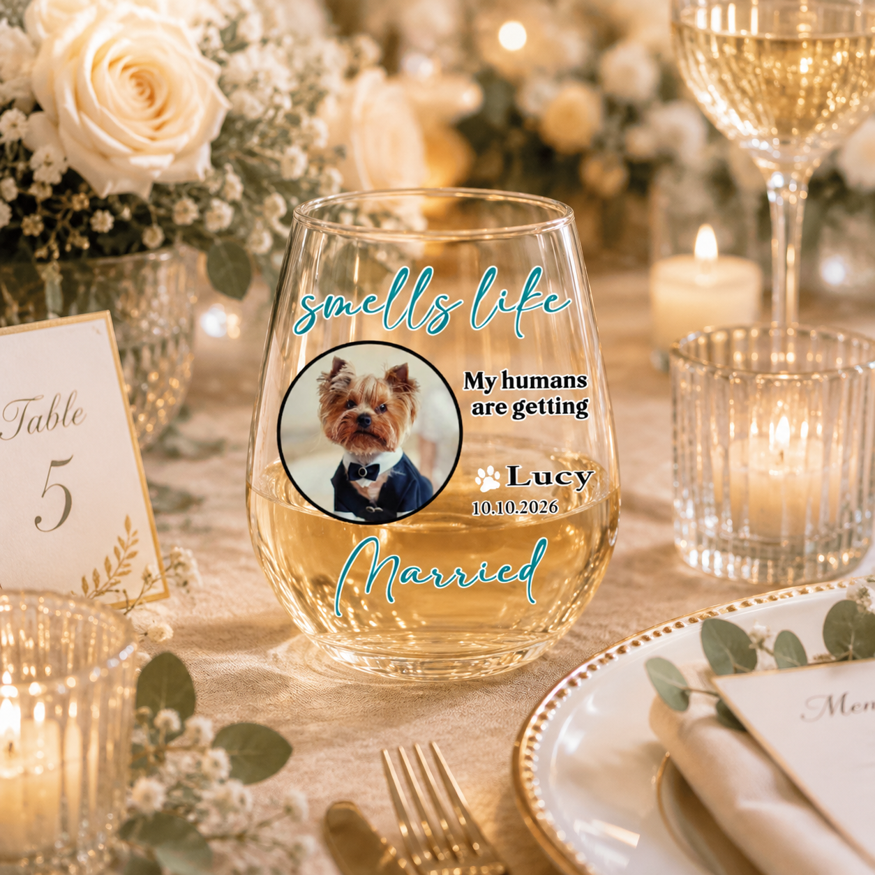 Personalized "Smells Like My Humans Are Getting Married" Uv Printed Eggshell Glass Cup, Custom Pet Photo Engagement Glassware