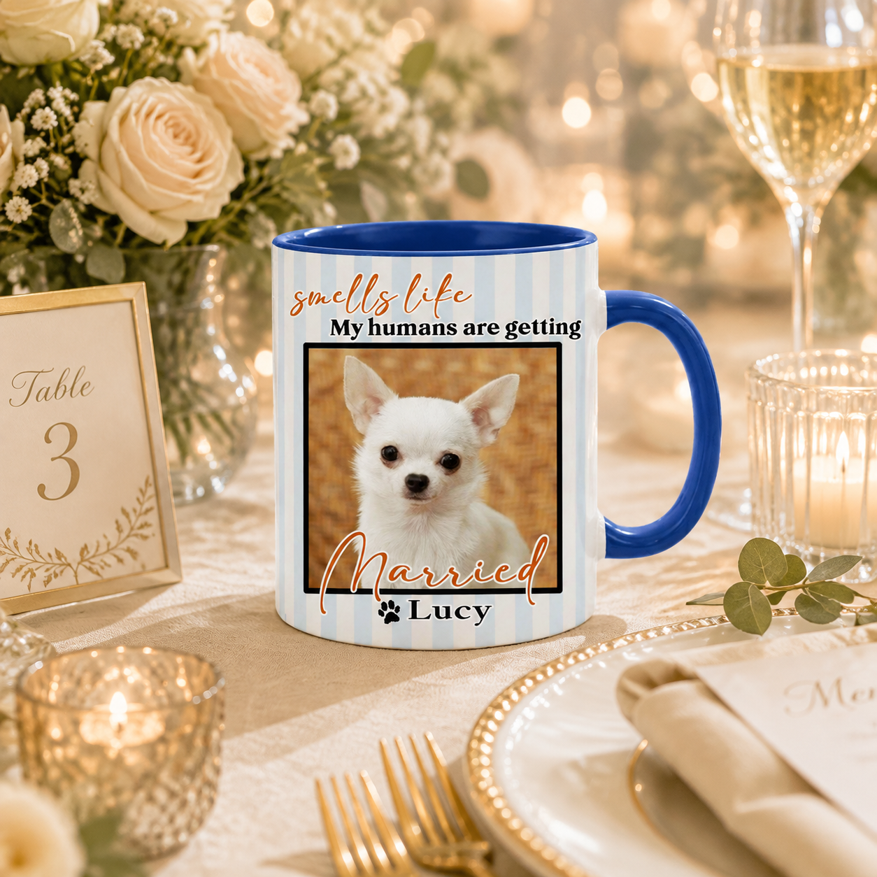 Personalized Striped "Smells Like My Humans Are Getting Married" Ceramic Coffee Mug, Custom Pet Photo Engagement Gift 11oz 15oz