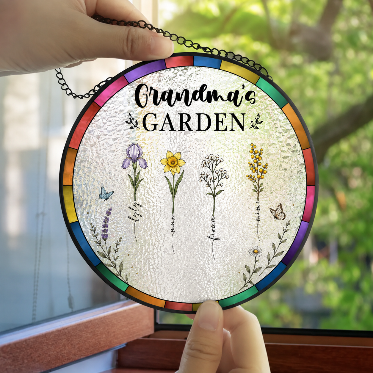 Birth Flower Grandma'S Garden - Personalized Stained Glass Window Hanging Suncatcher