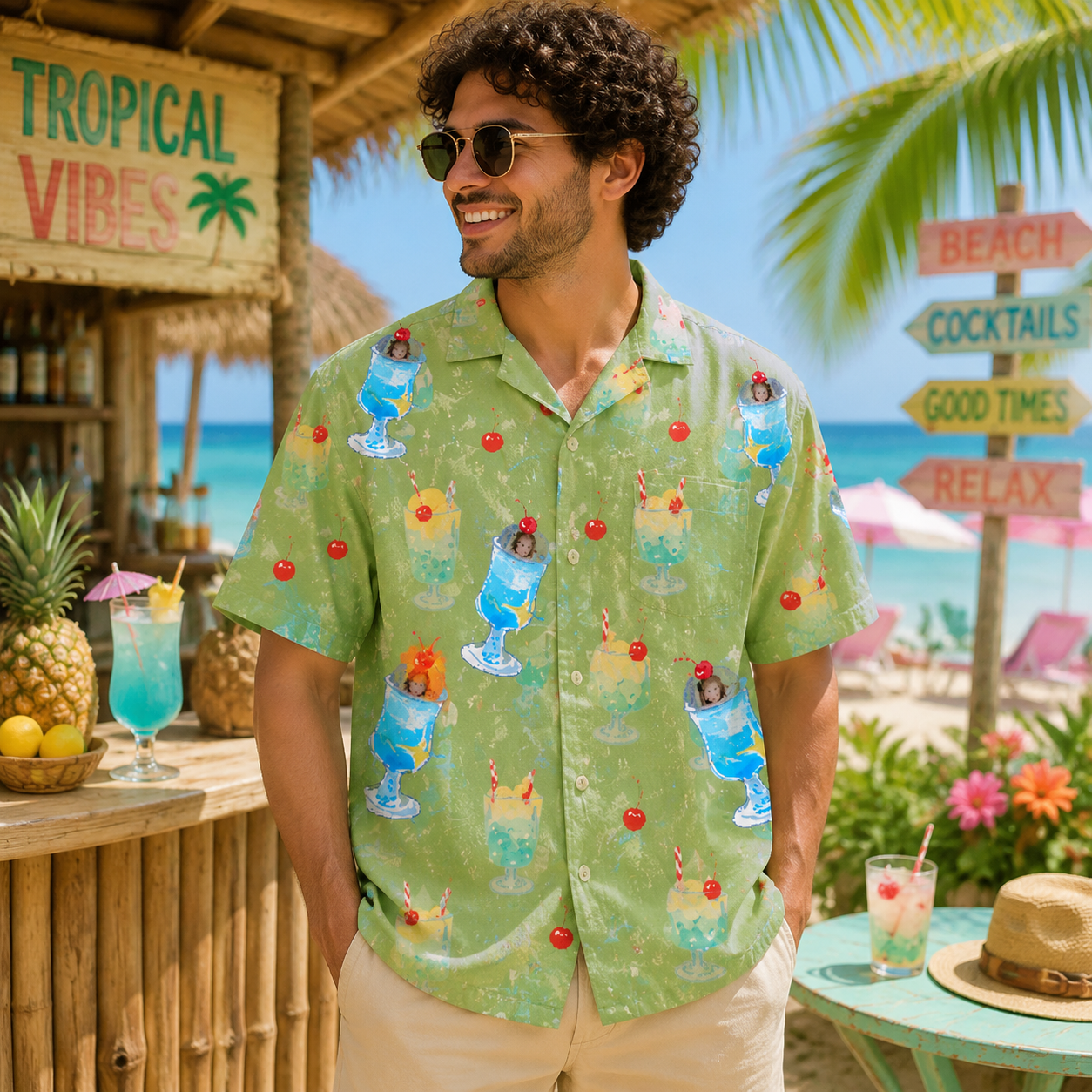 Personalized "Tropical Cocktail Green" Aloha Shirt