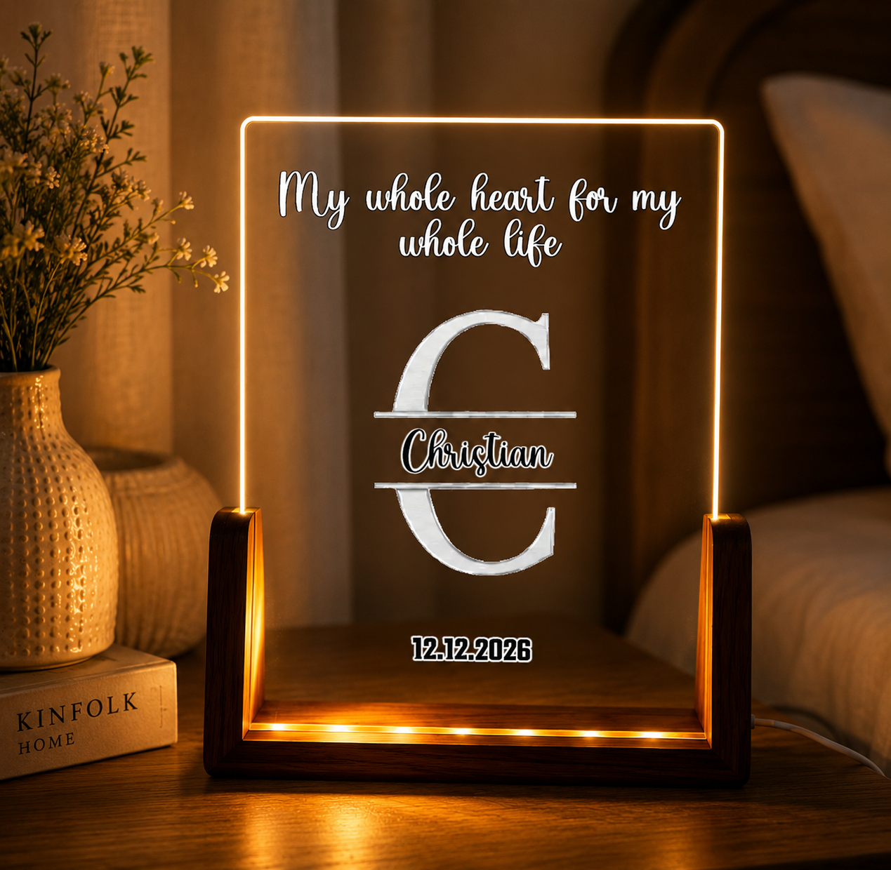 Personalized Monogram & Romantic Quote Led Acrylic Night Light, Custom Engraved Groom, Husband, & Gay Wedding Lamp