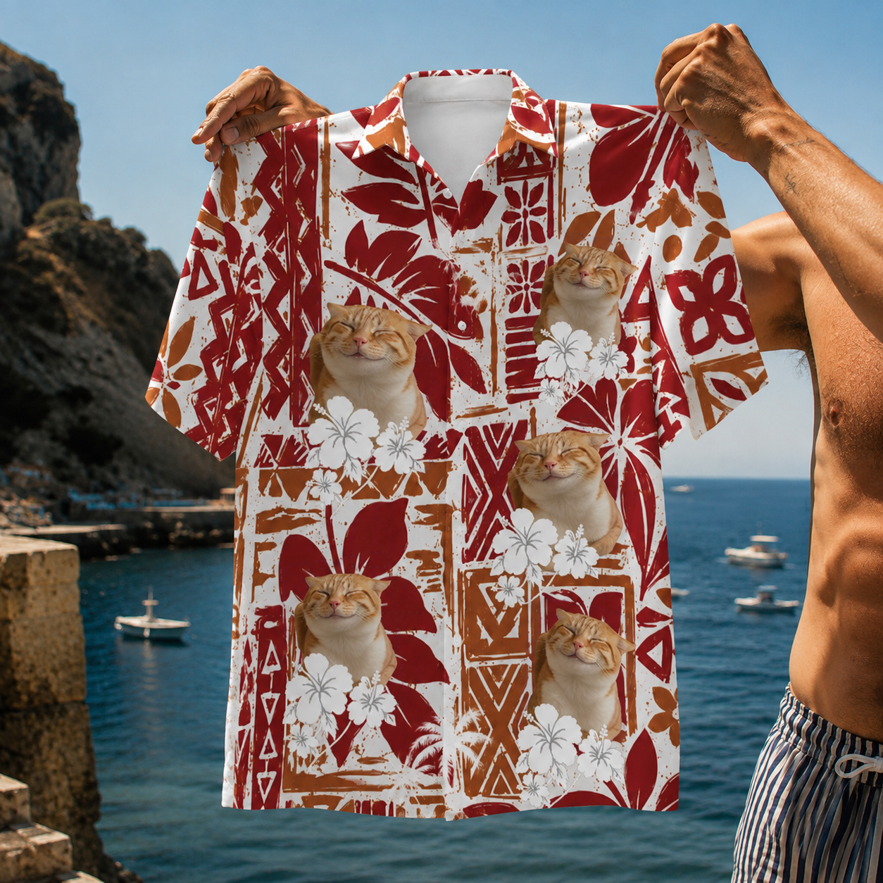 Custom Pet Photo Hawaiian Shirt, Personalized Dog Cat Aloha Shirt, Tribal Tropical Pet Portrait Shirt, Animal Lover Beach Gift, Custom Vacation Button Up