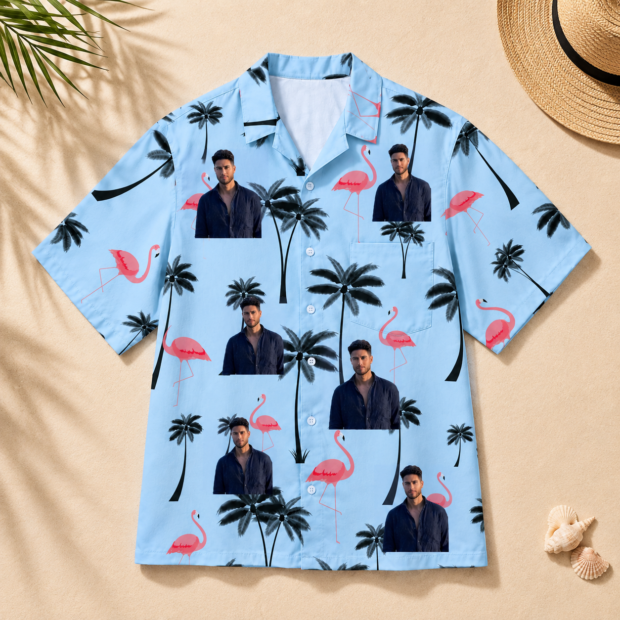 Flamingo Palm Tree Aloha Shirt - Custom Photo Hawaiian Shirt, Personalized Portrait Shirt