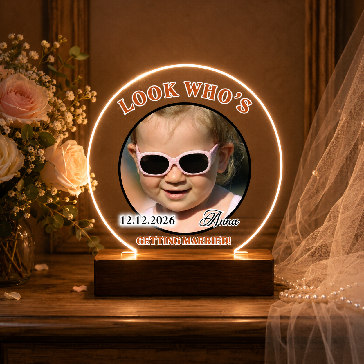 Personalized "Look Who'S Getting Married!" Led Acrylic Night Light, Custom Photo Wedding & Engagement Table Lamp