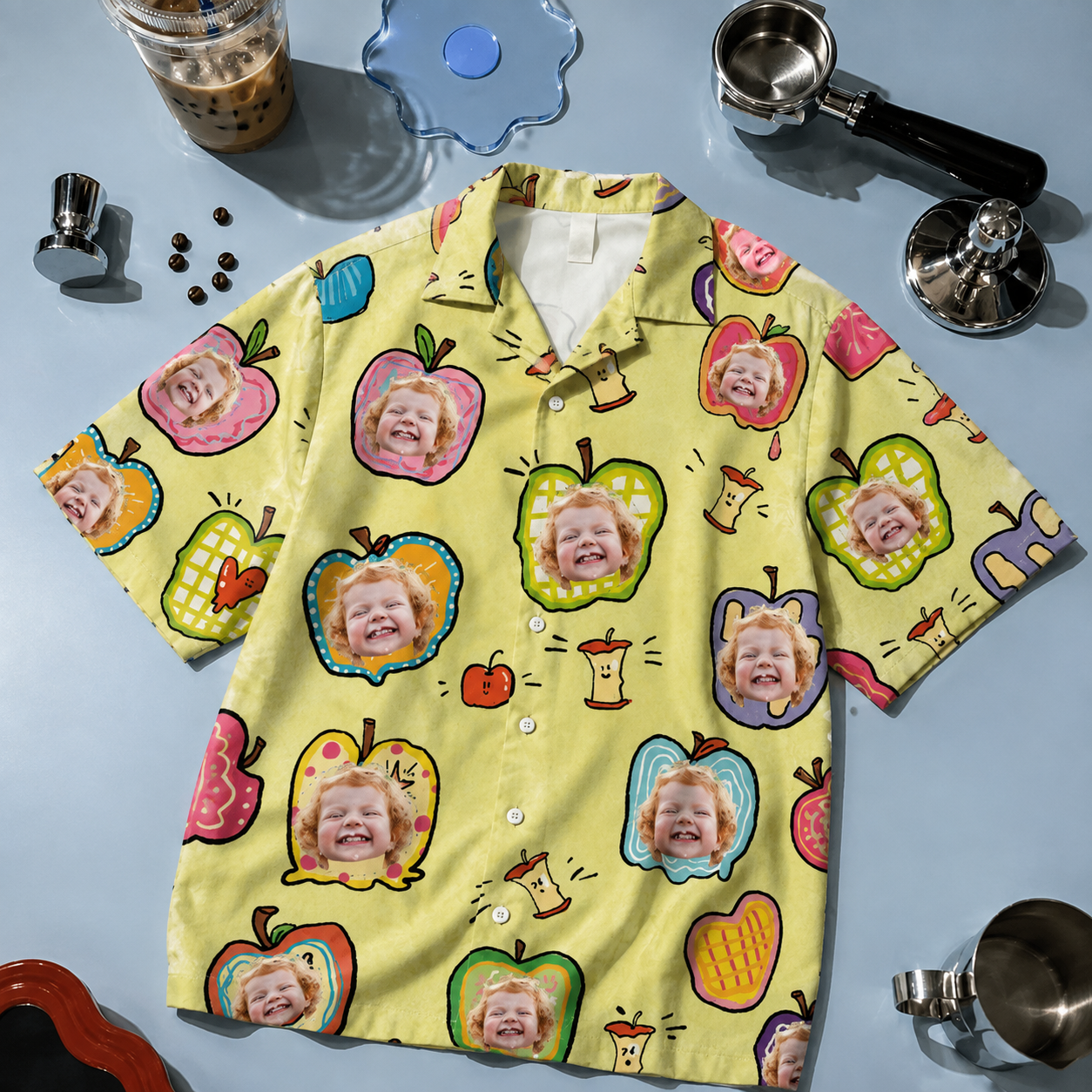 Personalized Photo Aloha Shirt With Playful Fruit Frames, Funny Portrait Vacation Shirt, Family Beach Outfit - Custom Summer Gift