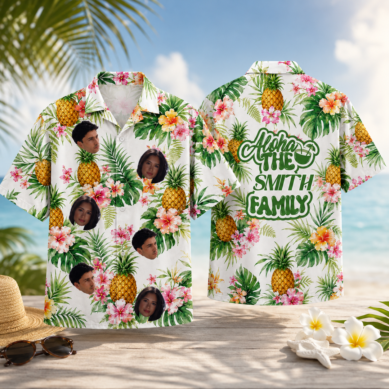 Pineapple Tropical Aloha Shirt - Personalized Family Hawaiian Shirt, Custom Family Faces And Last Name