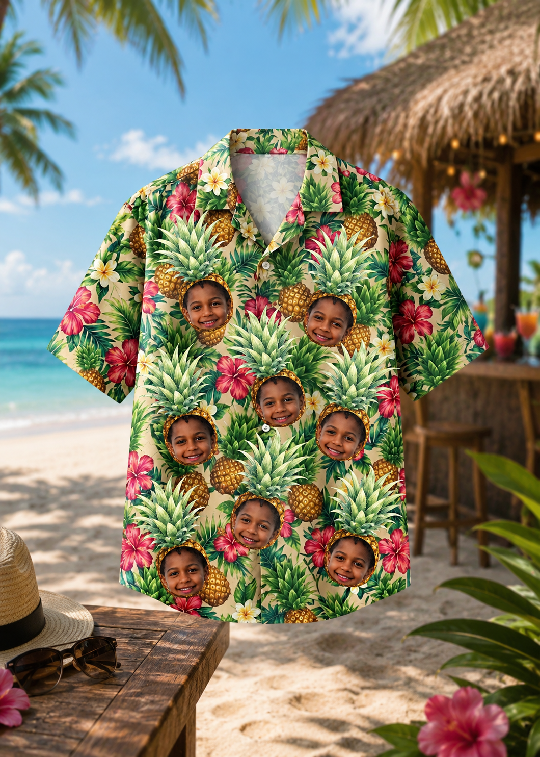 Personalized Custom Face Hawaiian Shirt Pineapple Hibiscus Tropical Beach Vacation Gift