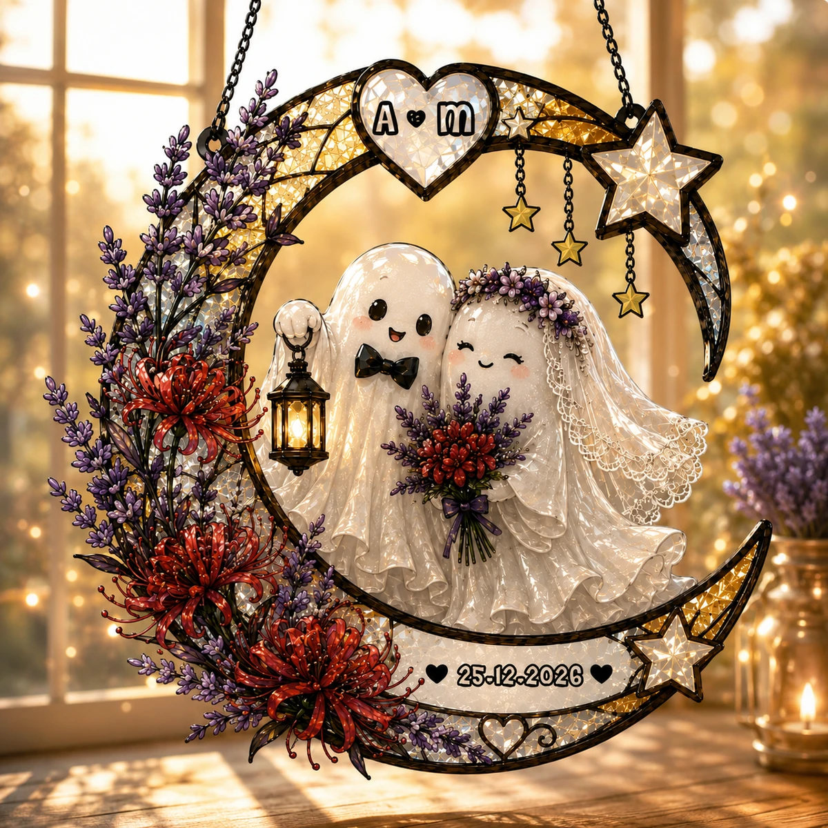 Personalized Ghost Couple Suncatcher, Faux Wedding Gift
