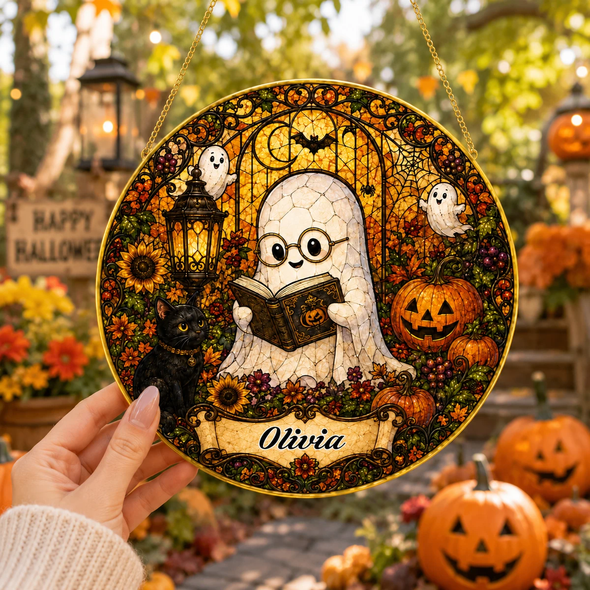 Personalized Cute Ghost Halloween, Custom Name Stained Glass Suncatcher
