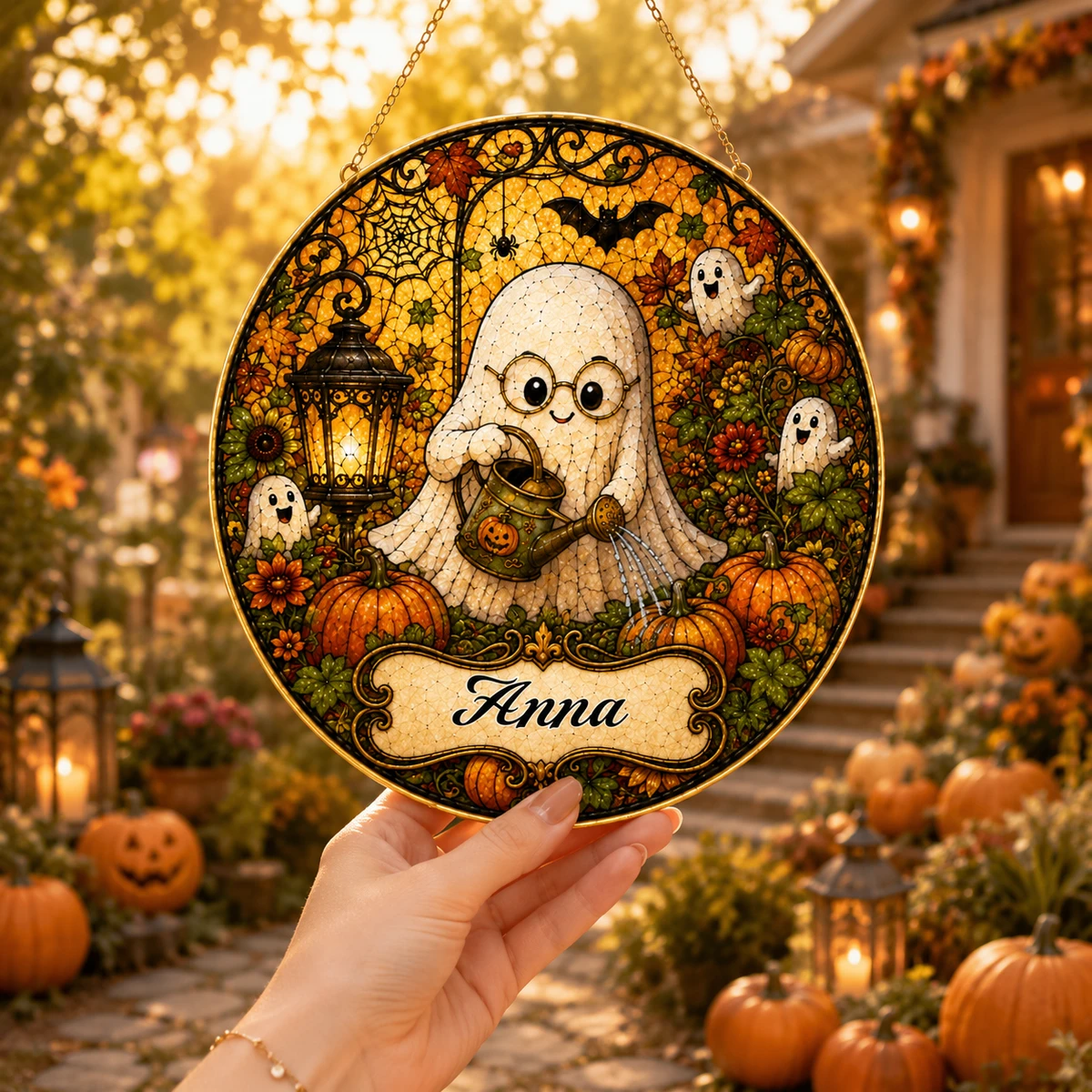 Personalized Cute Ghost Halloween Stained Glass Suncatcher, Ghost Watering Plants