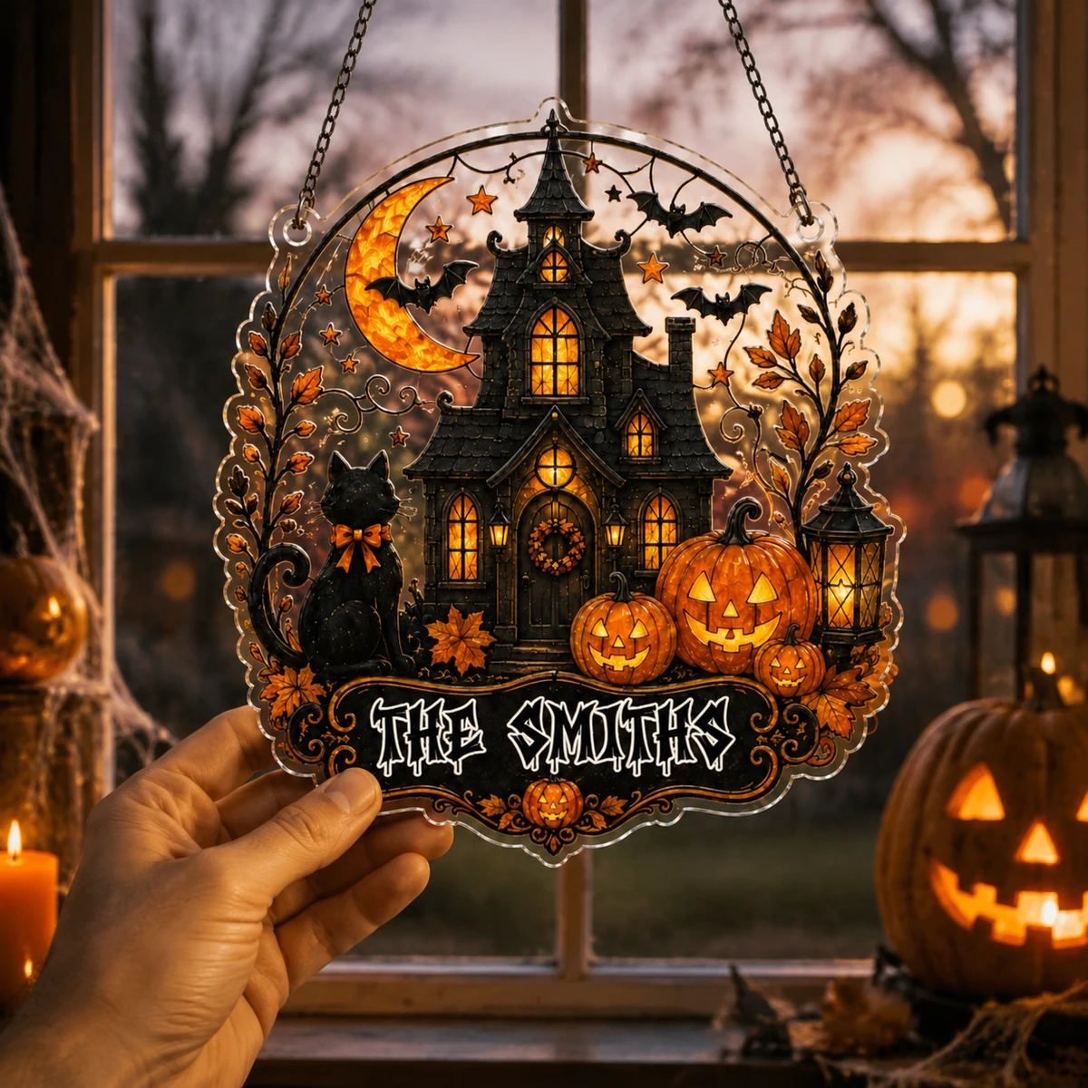 Personalized Halloween Acrylic Suncatcher, Ghost House, Custom Family Name Window Hanging