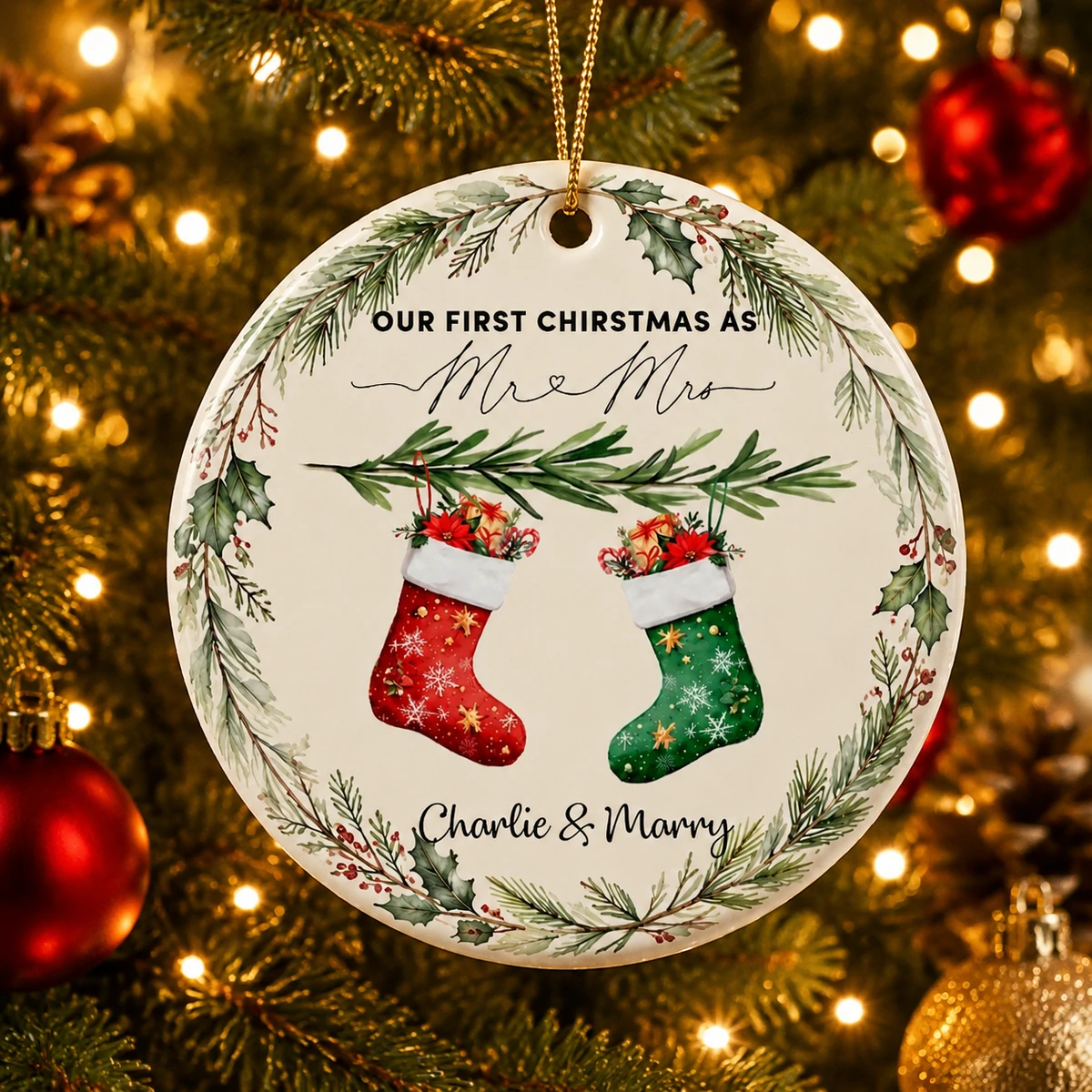 Personalized Ceramic Christmas Ornament Round Shape Custom Name Mr & Mrs Stocking Wreath Christmas Gift