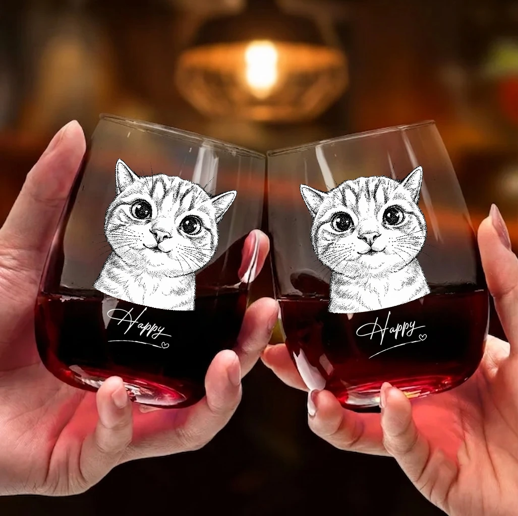 Custom Photo Pencil Sketch Art Family Besties Dog Cat Portrait - Personalized Stemless Wine Glass