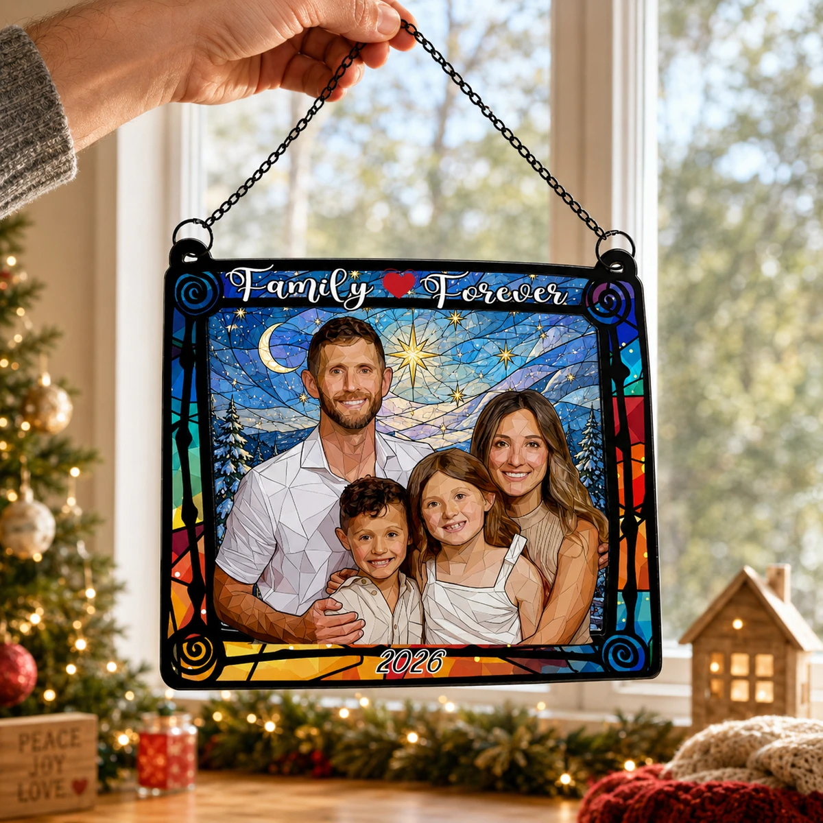 Family Forever Photo Winter Stained Glass Suncatcher